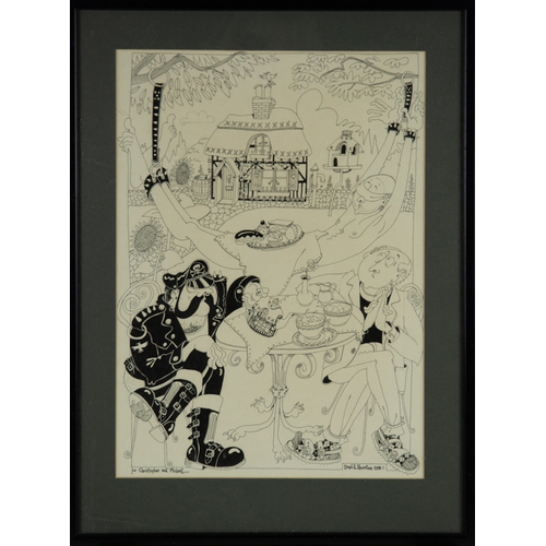 DAVID SHENTON (1949) THREE PEN AND INK CARTOONS AND A SIMILAR ARTIST ...