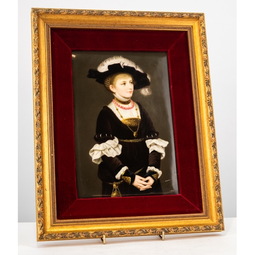 92 - VERY FINE ENAMEL on PROBABLY BERLIN PORCELAIN PLAQUE possibly after HOLBEIN of an elegantly attired ... 
