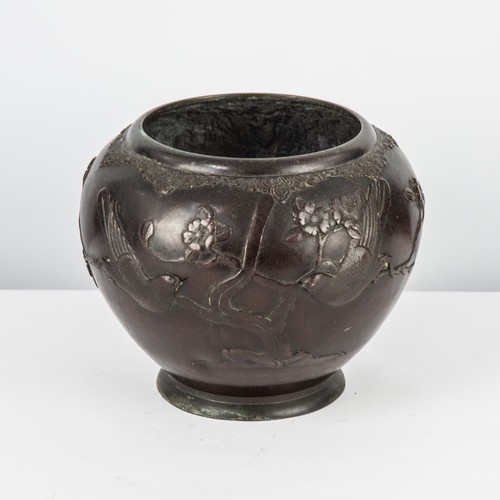 110 - JAPANESE MEIJI PERIOD CAST BRONZE JARDINIERE with birds in flight and amongst flowering branches, 8