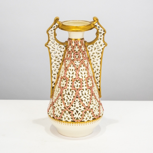 64 - GRAINGER & Co, WORCESTER, RETICULATED PORCELAIN TWO HANDLED ALHAMBRA STYLE VASE, of tapering for... 