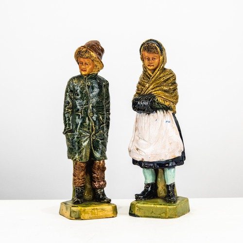102 - PAIR OF CONTINENTAL MAJOLICA POTTERY FIGURES, modelled as a fisherman and his wife, 10” (25.4cm) hig... 