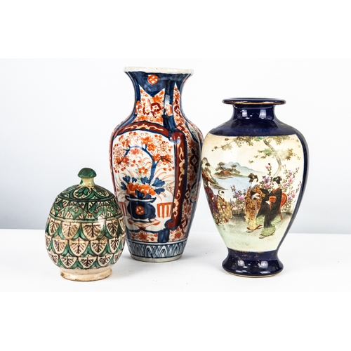 118 - TWENTIETH CENTURY JAPANESE IMARI PORCELAIN VASE, typically decorated, together with a SATSUMA VASE, ... 