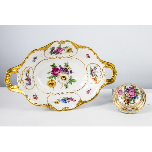 105 - ALKA, BAVARIAN PORCELAIN TWO HANDLED SERVING DISH, of oval form, printed with flowers within gilt li... 
