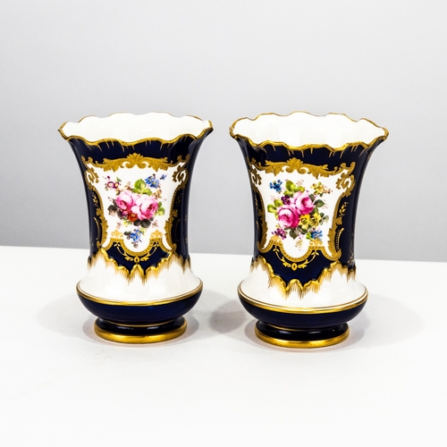 69 - PAIR OF EARLY 20TH CENTURY ROYAL CROWN DERBY PORCELAIN VASES, the Royal blue ground reserved with gi... 