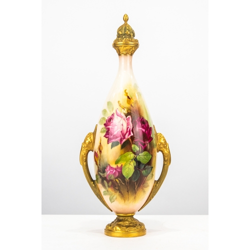 71 - EDWARDIAN ROYAL WORCESTER PORCELAIN TWO HANDLED SLENDER OVIFORM VASE WITH COVER, painted by W.H. Aus... 