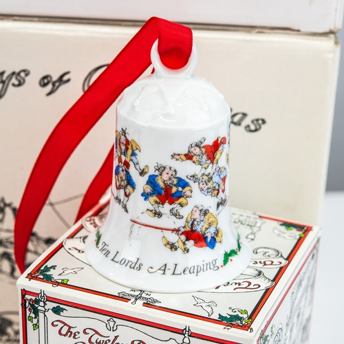 78 - BOXED SET OF TWELVE LIMITED EDITION HUTSCHENREUTHER ‘TWELVE DAYS OF CHRISTMAS’ CHINA BELLS, 3” (7.6c... 