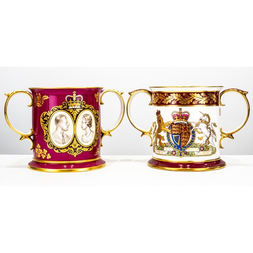 108A - TWO LIMITED EDITION SPODE ROYAL COMMEMORATIVE CHINA TWO HANDLE LARGE LOVING CUPS, QUEEN ELIZABETH II... 