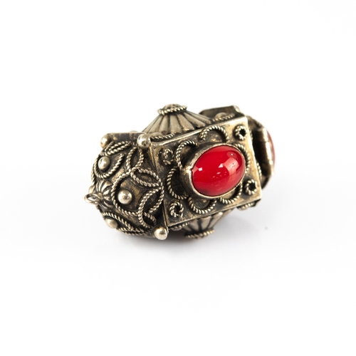13 - WHITE METAL CABOCHON CARNELIAN, GARNET and CORAL set PENDANT possibly a VINAIGRETTE with HINGED BASE