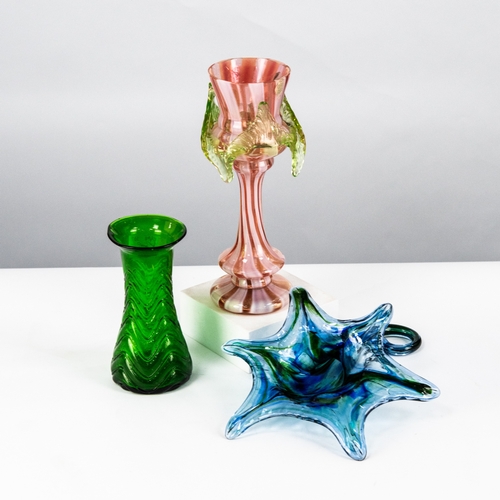92 - VICTORIAN VASELINE AND PINK GLASS VASE, with moulded green glass collar, 8 ¼” (21cm) high, rim groun... 
