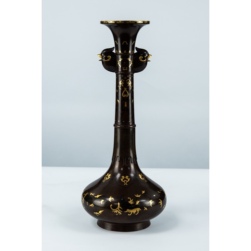 71 - GOOD QUALITY JAPANESE MEIJI PERIOD PARCEL GILT TWO HANDLED BRONZE VASE, of footed form with bird mas... 