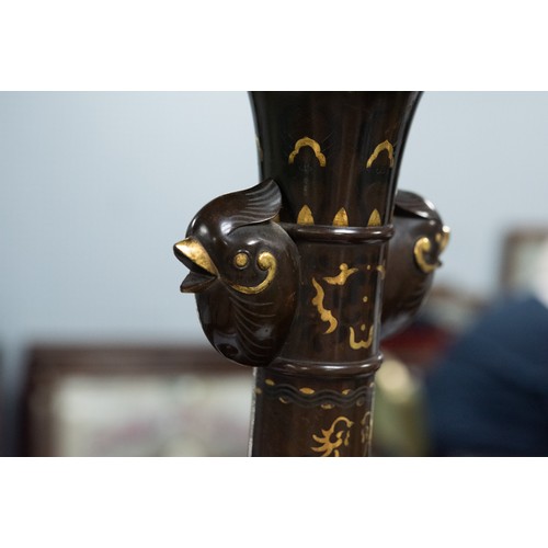 71 - GOOD QUALITY JAPANESE MEIJI PERIOD PARCEL GILT TWO HANDLED BRONZE VASE, of footed form with bird mas... 