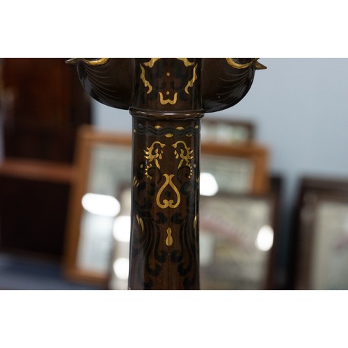 71 - GOOD QUALITY JAPANESE MEIJI PERIOD PARCEL GILT TWO HANDLED BRONZE VASE, of footed form with bird mas... 