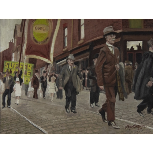 158 - ROGER HAMPSON (1925-1996)OIL ON CANVAS‘Walking Day’ Signed, titled verso 17 ¾” x 23 ½” (45cm x 59.7c... 