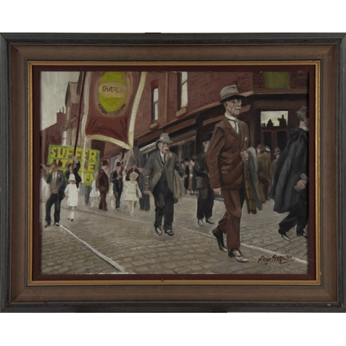 158 - ROGER HAMPSON (1925-1996)OIL ON CANVAS‘Walking Day’ Signed, titled verso 17 ¾” x 23 ½” (45cm x 59.7c... 