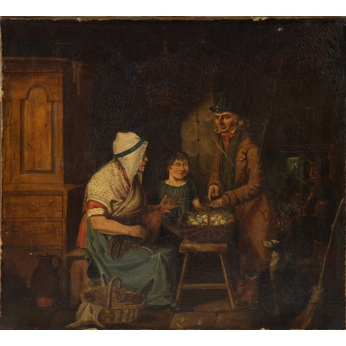 167 - BRITISH SCHOOL (EARLY NINETEENTH CENTURY) OIL PAINTING ON RE-LINED CANVAS An interior with an elderl... 