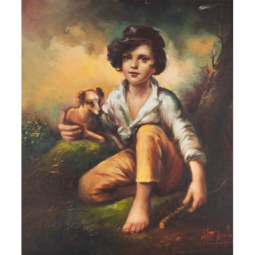 169 - N B ANGELO (MODERN) OIL ON CANVAS Seated barefoot boy with puppySigned 30” x 25” (76.2cm x 58cm)... 