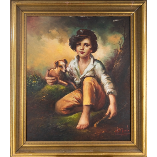 169 - N B ANGELO (MODERN) OIL ON CANVAS Seated barefoot boy with puppySigned 30” x 25” (76.2cm x 58cm)... 