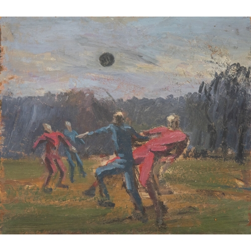 147 - MIKE KNOWLES (b 1941) OIL PAINTING ON BOARD Football Training in Hyde Park, London Labelled verso, u... 