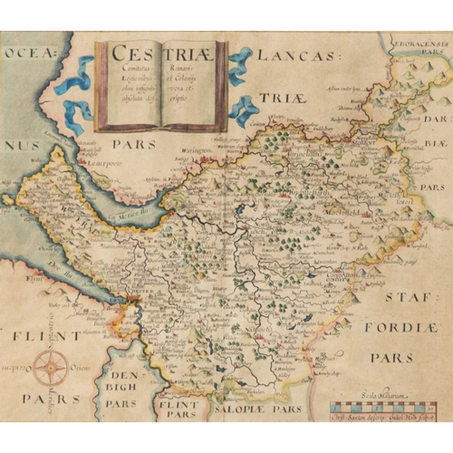 131 - ANTIQUE HAND COLOURED MAP OF CHESHIRE BY CHRISTOPHER SAXTON, 10” x 11 ¾” (25.4cm x 29.9cm)