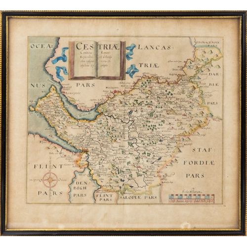 131 - ANTIQUE HAND COLOURED MAP OF CHESHIRE BY CHRISTOPHER SAXTON, 10” x 11 ¾” (25.4cm x 29.9cm)
