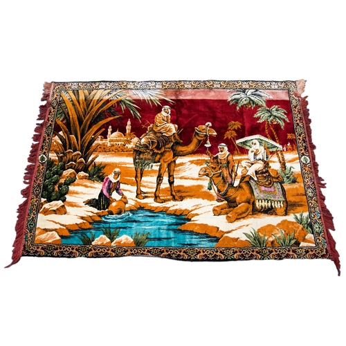 5 - WASHED CHINESE RED GROUND CIRCULAR RUG; and a MACHINE WOVEN CHENILLE PICTORIAL RUG OR WALL HANGING d... 