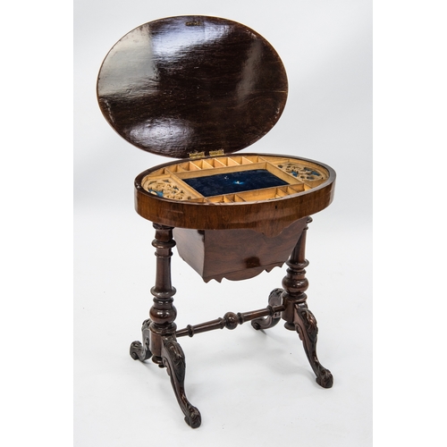 114 - NINETEENTH CENTURY ROSEWOOD SEWING TABLE, the oval top enclosing a fitted interior with pierced cove... 