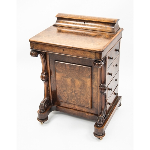 104 - VICTORIAN FIGURED WALNUT AND BOXWOOD LINE INLAID UNUSUAL DAVENPORT DESK, the flat top surmounted by ... 
