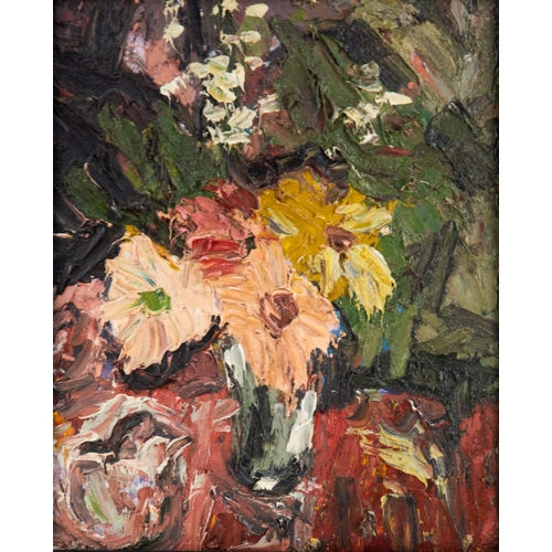 145 - BARRY DE MORE (1948-2023)IMPASTO OIL ON BOARD‘Mixed Flowers and White jug’, 2017 Signed, titled and ... 