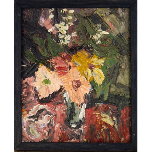 145 - BARRY DE MORE (1948-2023)IMPASTO OIL ON BOARD‘Mixed Flowers and White jug’, 2017 Signed, titled and ... 