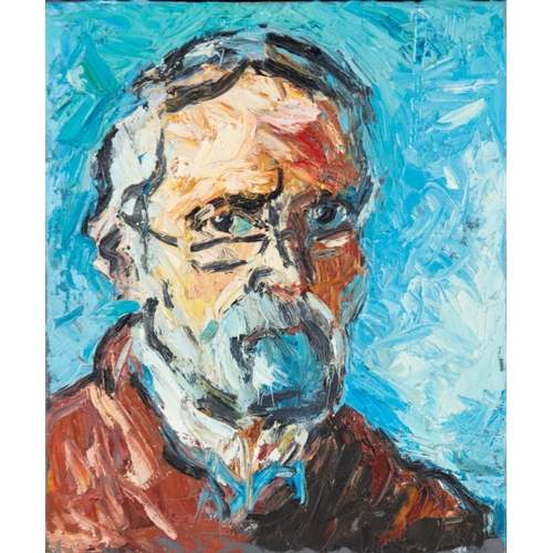 143 - BARRY DE MORE (1948-2023)IMPASTO OIL ON BOARD ‘Man with Glasses and Red Top’ (SELF PORTRAIT), 2012Si... 