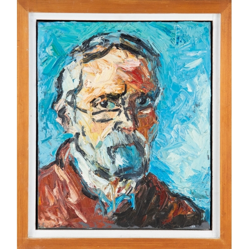 143 - BARRY DE MORE (1948-2023)IMPASTO OIL ON BOARD ‘Man with Glasses and Red Top’ (SELF PORTRAIT), 2012Si... 