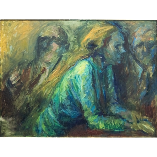 138 - ELIZABETH WOOD (b.1930)OIL PAINTING ON BOARDFigures at a Public House barUnsigned35