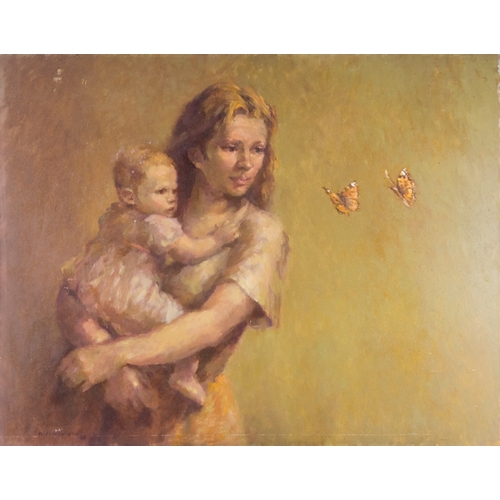 137 - ELIZABETH WOOD (b.1930)OIL PAINTING ON BOARDA young mother with baby in arms looking at two butterfl... 