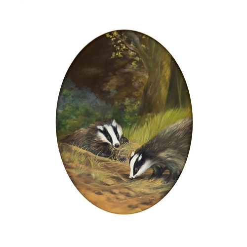 172 - JOHN HASSALL (1944-2020)SET OF FIVE OVAL OILS ON CANVAS BRITISH WILDLIFE:Fox, Stag, Squirrels, Badge... 