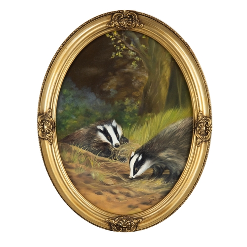 172 - JOHN HASSALL (1944-2020)SET OF FIVE OVAL OILS ON CANVAS BRITISH WILDLIFE:Fox, Stag, Squirrels, Badge... 