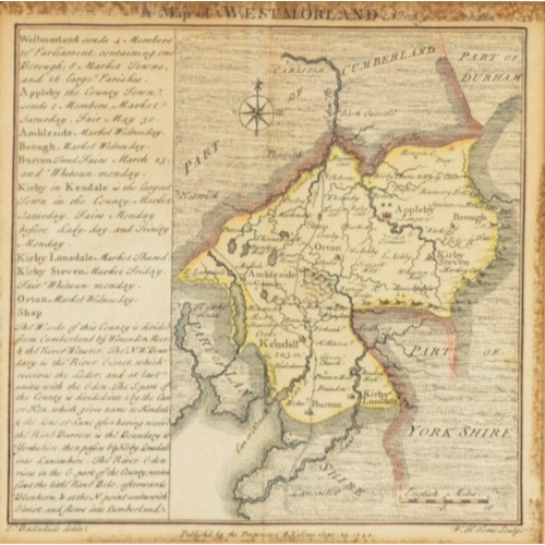 129 - W H TOMS after T BADESLADE COPPER-PLATE ENGRAVED HAND COLOURED MAP of WESTMORLAND, published 1742, 5... 
