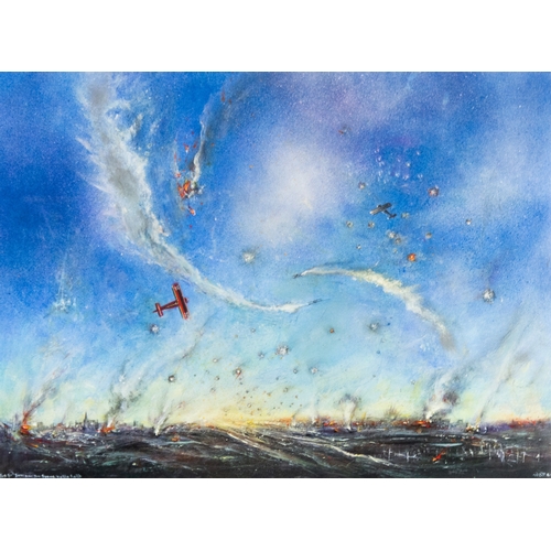 157 - DAVID WILDE (1913-1974) ACRYLIC ON BOARD‘The Red Baron over the Somme Battlefield' Signed and titled... 