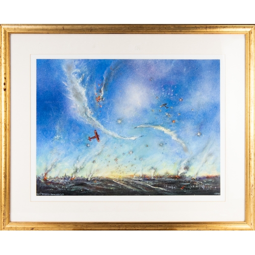157 - DAVID WILDE (1913-1974) ACRYLIC ON BOARD‘The Red Baron over the Somme Battlefield' Signed and titled... 