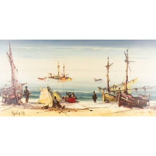 168 - JORGE AQUILAR (Modern)OIL PAINTING ON CANVASCoastal scene with figures and beached boatsSigned lower... 