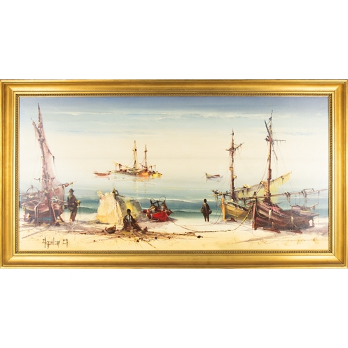 168 - JORGE AQUILAR (Modern)OIL PAINTING ON CANVASCoastal scene with figures and beached boatsSigned lower... 
