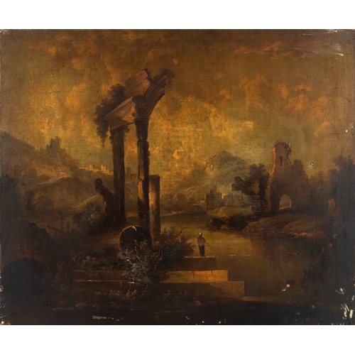 166 - BRITISH SCHOOL (Early Nineteenth Century)OIL PAINTING ON RELINED CANVASCapriccio landscape with Ital... 