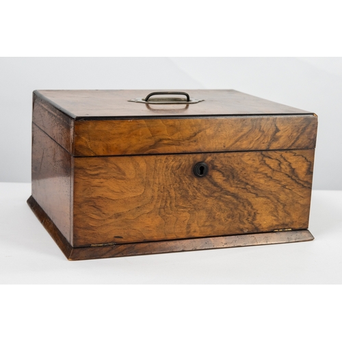 33 - VICTORIAN FIGURED WALNUT WORK BOX, of typical form, the interior with fitted lift-out tray and green... 