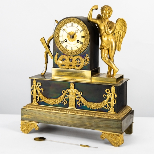 10 - 19th CENTURY FRENCH PATINATED AND GILT BRONZE CASED EMPIRE STYLE MANTLE CLOCK, the movement numbered... 
