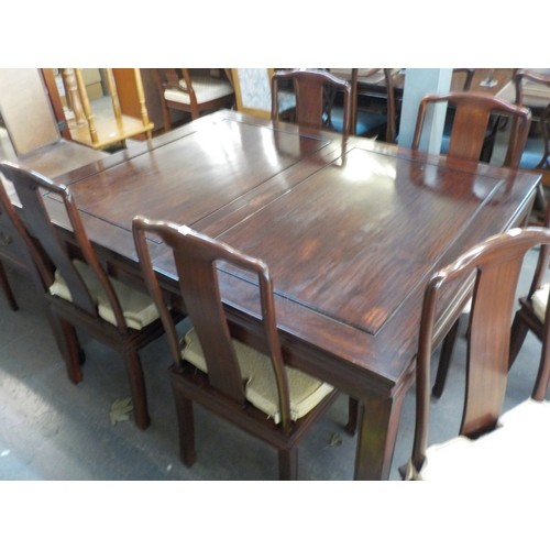 121 - HARDWOOD DINING ROOM SUITE comprising a SET OF 6 SINGLE CHAIRS with plain splat backs, panel seat wi... 