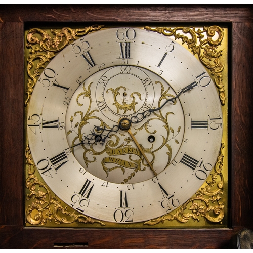 6 - EIGHTEENTH CENTURY OAK AND MAHOGANY LONGCASE CLOCK, SIGNED BARKER, WIGAN, the 13” brass dial with si... 