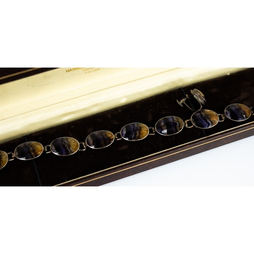 123 - SILVER AND BLUE JOHN BRACELET with nine cabochon oval collet set blue john links, 7½