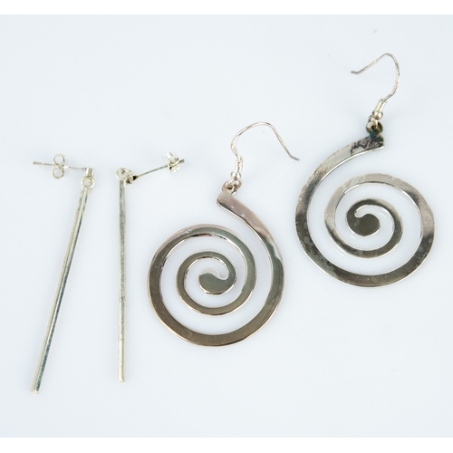 145 - PAIR OF STERLING SILVER SPIRAL DROP EARRINGS, another pair of minimalist long bar drop stud earrings... 