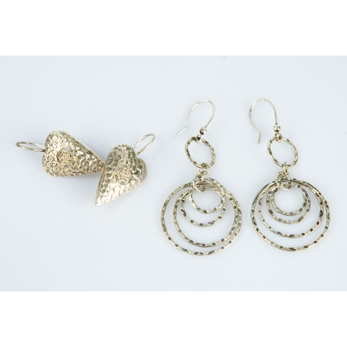 144 - SILVER TEXTURED EARRINGS, elongated heart shape, pierced beaded centre on a shepherds hook, PAIR OF ... 