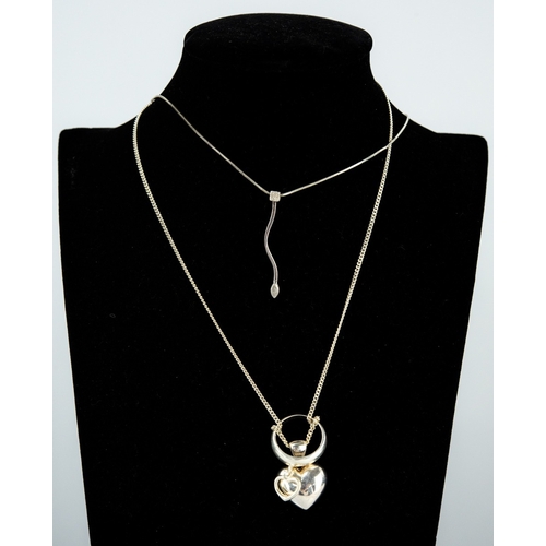 143 - STERLING SILVER PUFFED HEART PENDANT AND CHAIN, another wavy pendant and fine chain, puffed band rin... 