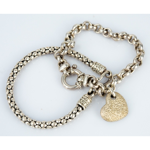 141 - LARGE STERLING SILVER BELCHER LINK BRACELET with textured heart charm, another silver popcorn link b... 